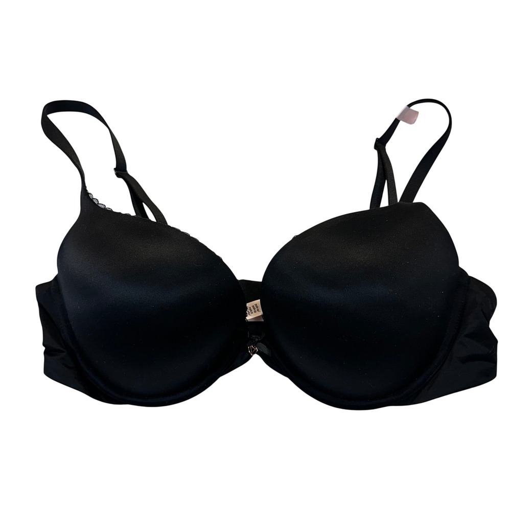 Victoria's Secret‎ Push-Up Bra Women 40C Black Lace Trim Heart Charm Lingerie
